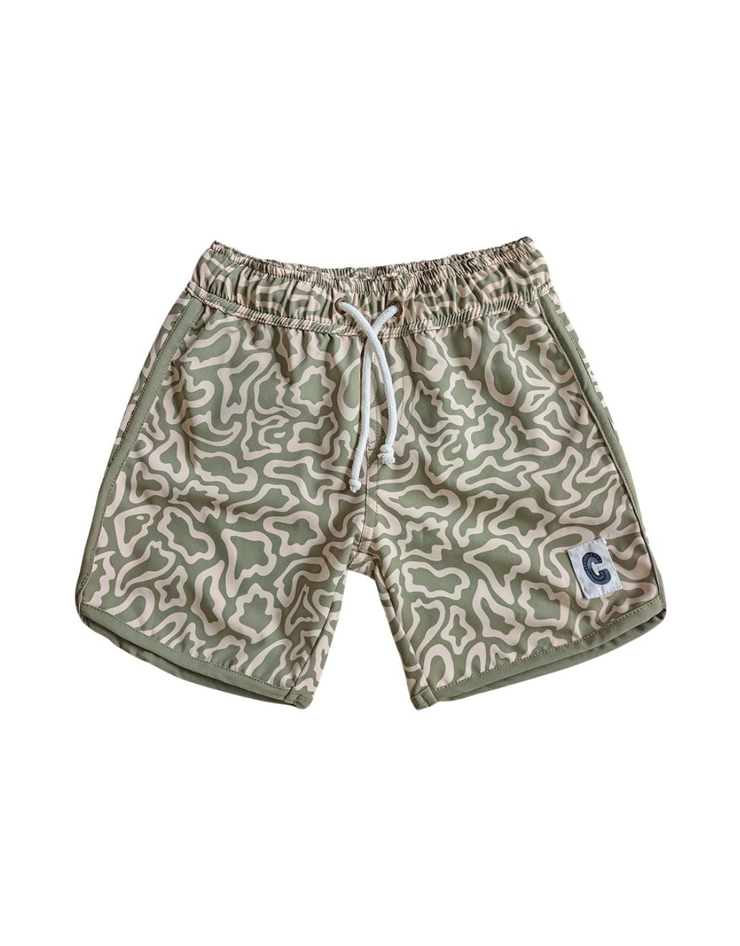 Butterflight Olive Swim Shorts with UPF 50+ sun protection flatlay