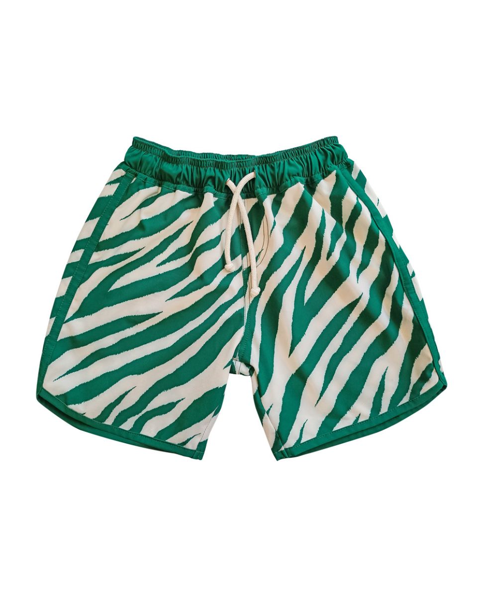 Electric Zebra Emerald Swim Shorts with UPF 50+ sun protection flatlay