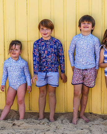 Periwinkle Tribal Rash Top with UPF 50+ sun protection kids
